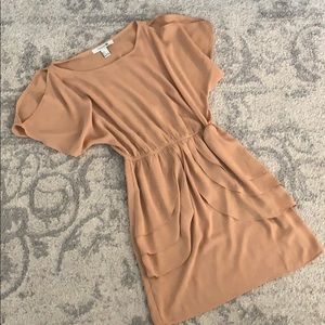 Nude Ruffled Skirt Peek a Boo Shoulder Dress